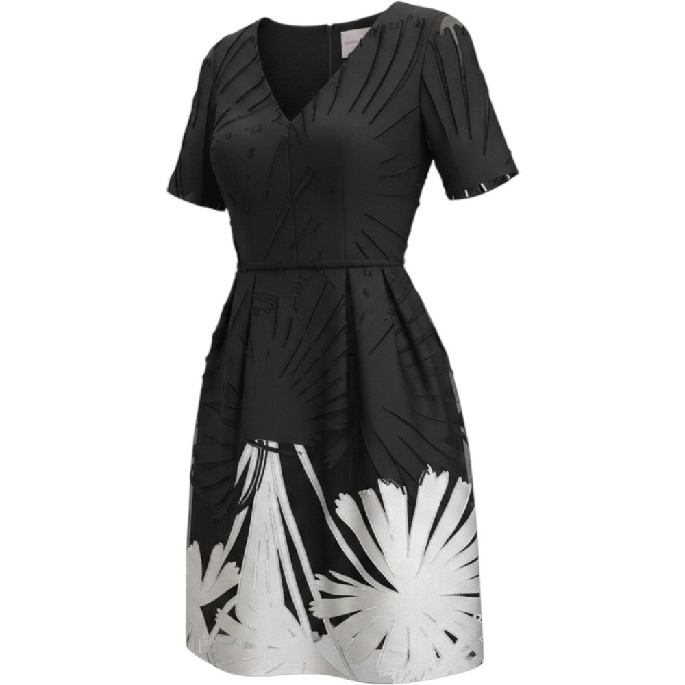 Carolina Herrera Black White Palm Print Silk Blend Midi Dress Size 6 Made USA